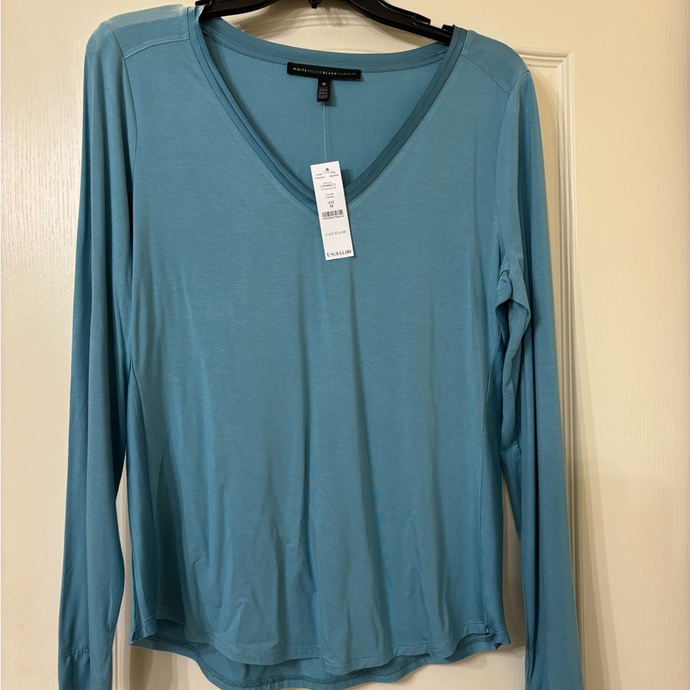 White House Black Market Damask Blue Long Sleeve V-Neck Top
